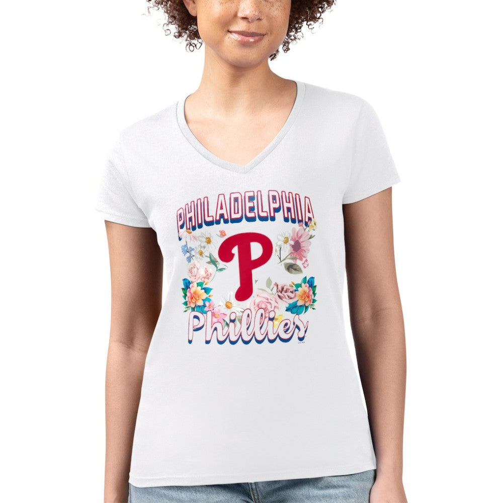 MLB Philadelphia Phillies G-III 4Her by Carl Banks Women's Super-Slim Fit Lightweight Flowers Graphic V-Neck T-Shirt