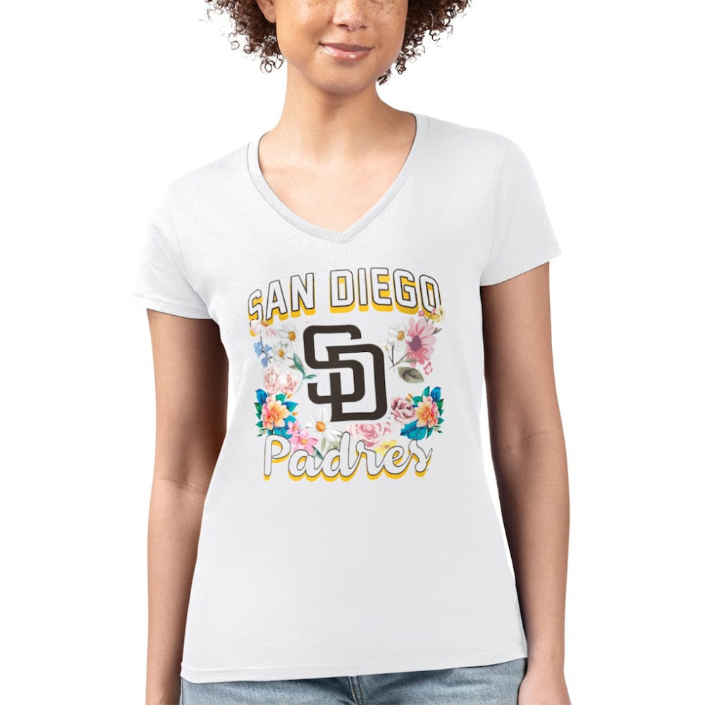 MLB San Diego Padres G-III 4Her by Carl Banks Women's Super-Slim Fit Lightweight Flowers Graphic V-Neck T-Shirt