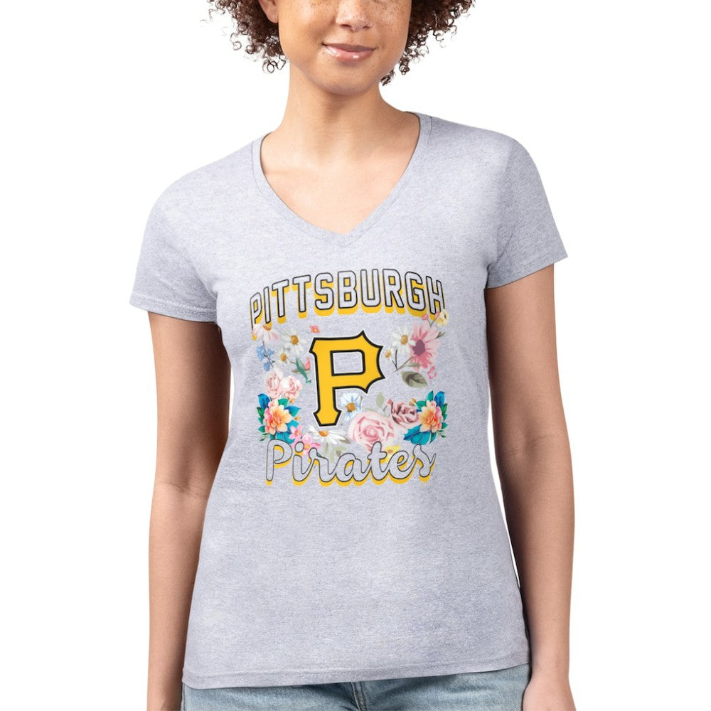 MLB Pittsburgh Pirates G-III 4Her by Carl Banks Women's Super-Slim Fit Lightweight Flowers Graphic V-Neck T-Shirt