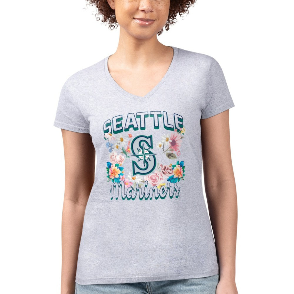 MLB Seattle Mariners G-III 4Her by Carl Banks Women's Super-Slim Fit Lightweight Flowers Graphic V-Neck T-Shirt