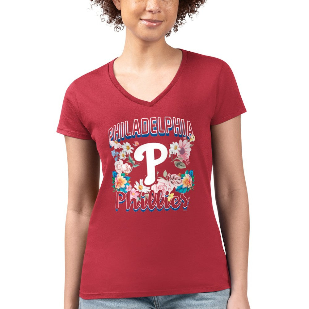 MLB Philadelphia Phillies G-III 4Her by Carl Banks Women's Super-Slim Fit Lightweight Flowers Graphic V-Neck T-Shirt