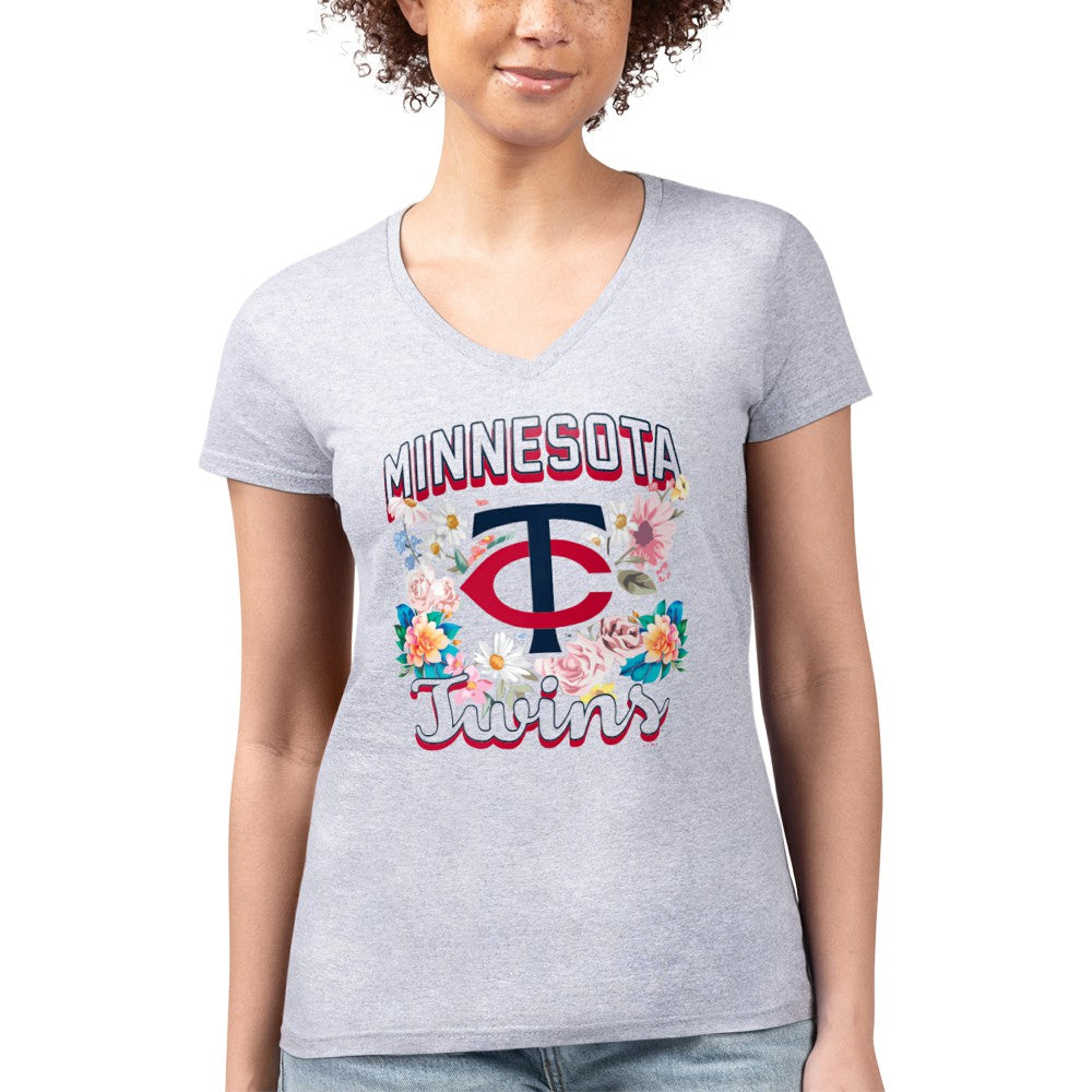 MLB Minnesota Twins G-III 4Her by Carl Banks Women's Super-Slim Fit Lightweight Flowers Graphic V-Neck T-Shirt