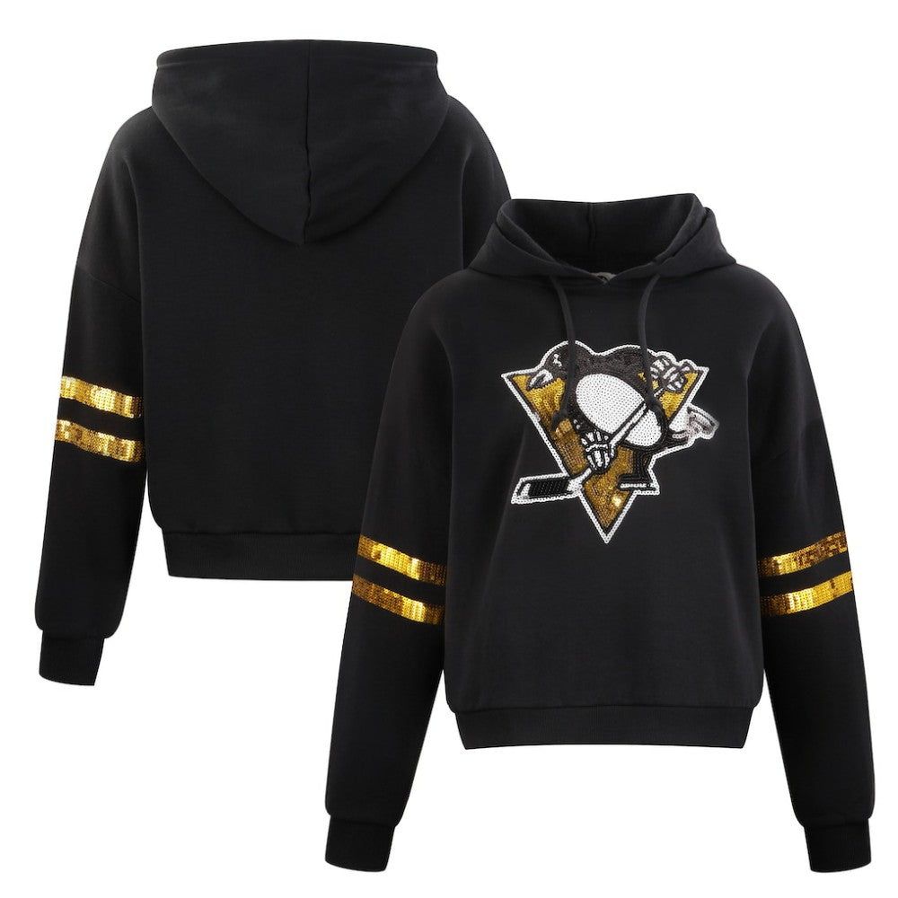 NHL Black Pittsburgh Penguins Cuce Women's Sequin Cropped Pullover Hoodie