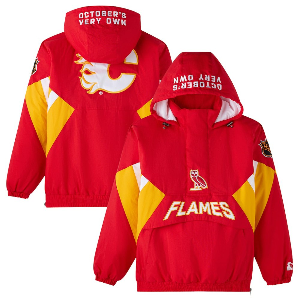 NHL Red Calgary Flames OVO x Starter Half-Zip Hooded Jacket