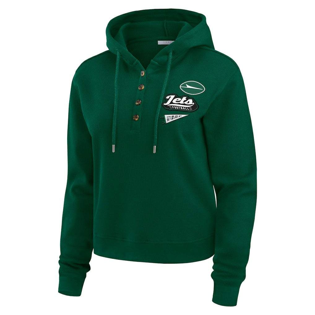 WEAR by Erin Andrews Women's Plus Size Waffle Hoodie Pullover Top - New York Jets