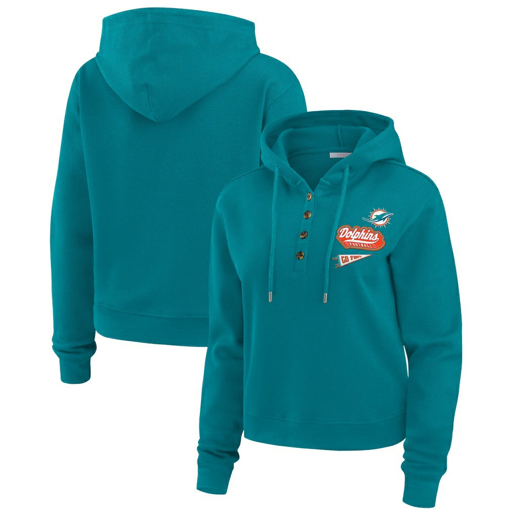 WEAR by Erin Andrews Women's Plus Size Waffle Hoodie Pullover Top - Miami Dolphins