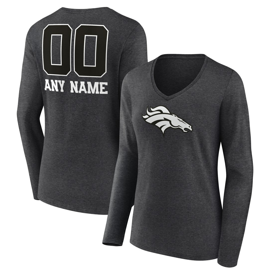 Women's Personalized Name & Number Monochrome V-neck T-Shirt - Denver Broncos