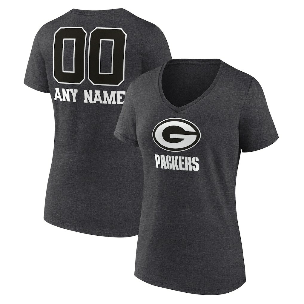Women's Personalized Name & Number Monochrome V-Neck Long Sleeve T-Shirt - Green Bay Packers