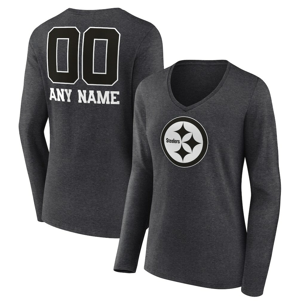 Women's Personalized Name & Number Monochrome V-neck T-Shirt - Pittsburgh Steelers