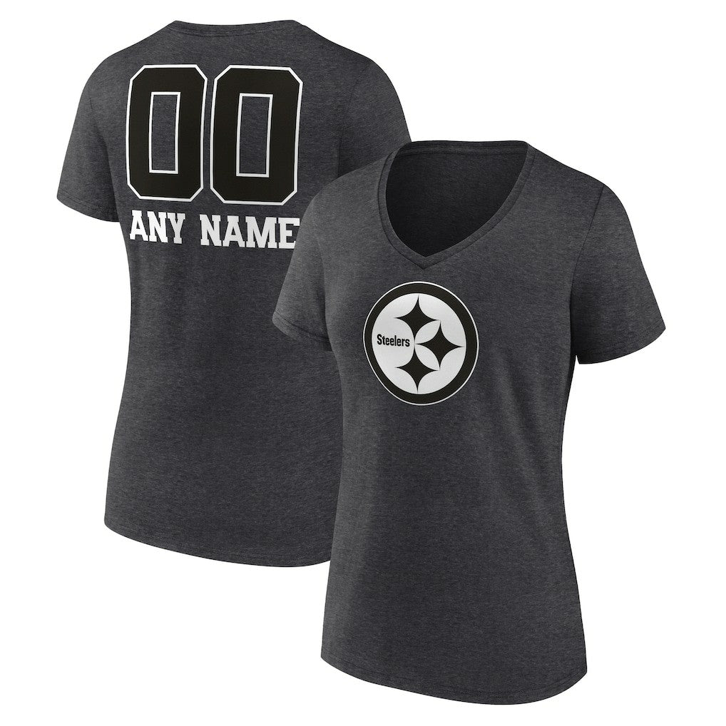 Women's Personalized Name & Number Monochrome V-Neck Long Sleeve T-Shirt - Pittsburgh Steelers
