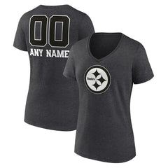 Women's Personalized Name & Number Monochrome V-Neck Long Sleeve T-Shirt - Pittsburgh Steelers