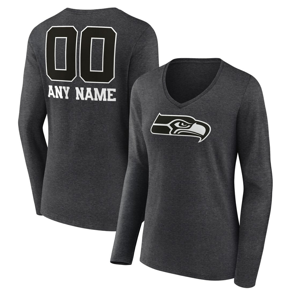 Women's Personalized Name & Number Monochrome V-neck T-Shirt - Seattle Seahawks