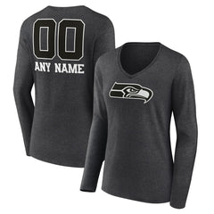 Women's Personalized Name & Number Monochrome V-neck T-Shirt - Seattle Seahawks