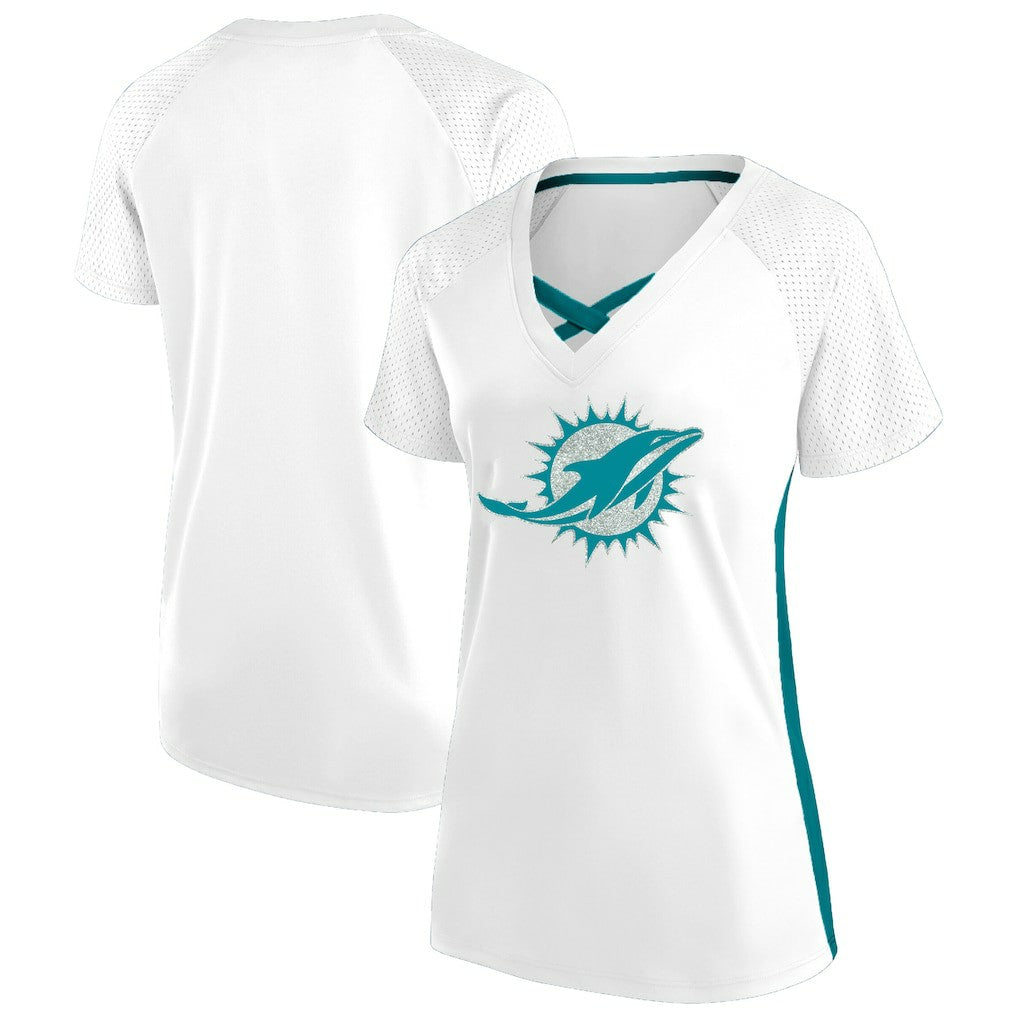 Women's Plus Size Glitter Lace-Up V- Neck T-Shirt - Miami Dolphins