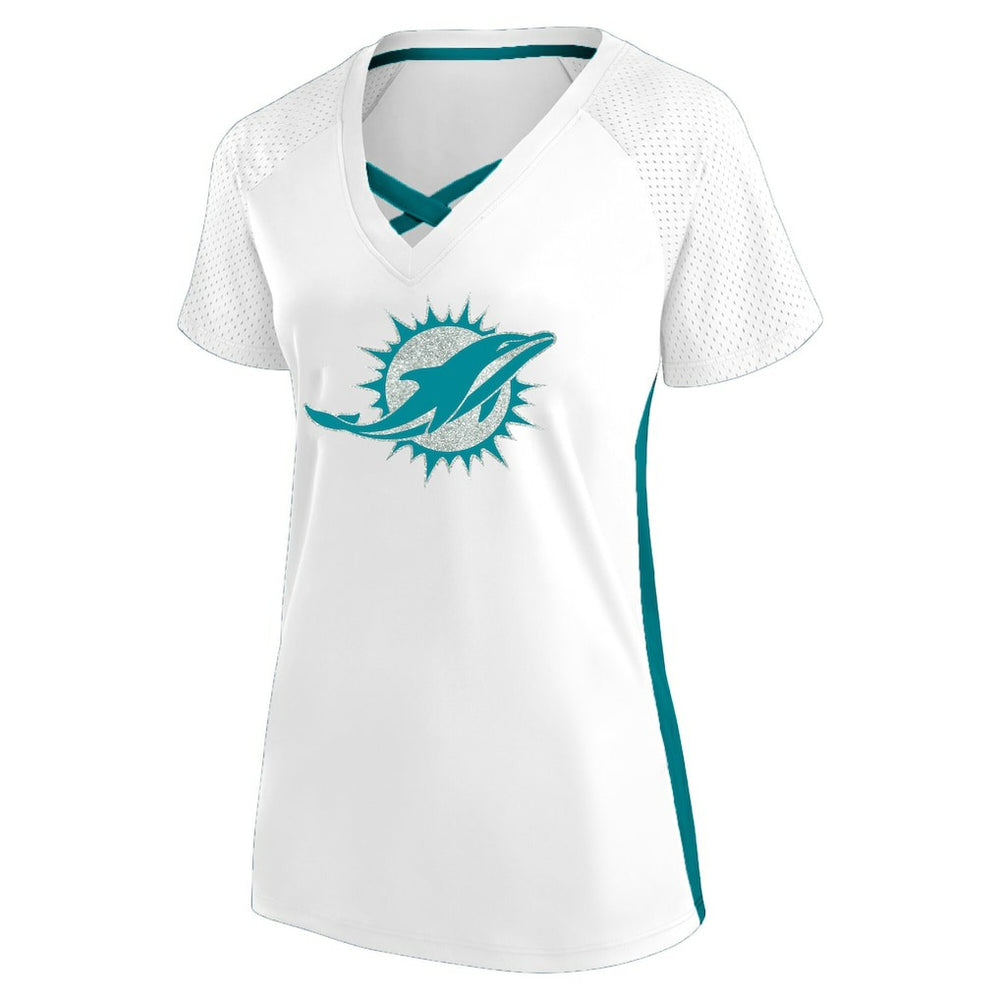Women's Plus Size Glitter Lace-Up V- Neck T-Shirt - Miami Dolphins