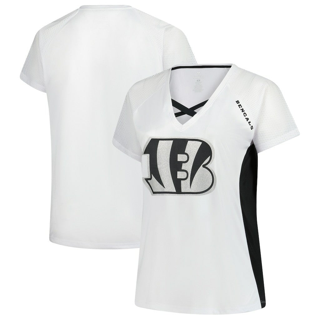 Women's Plus Size Glitter Lace-Up V- Neck T-Shirt - Cincinnati Bengals