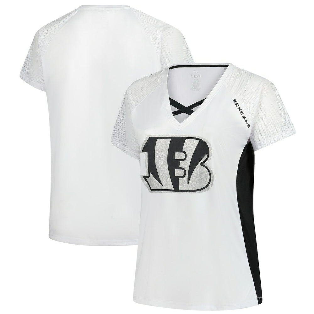 Women's Plus Size Glitter Lace-Up V- Neck T-Shirt - Cincinnati Bengals