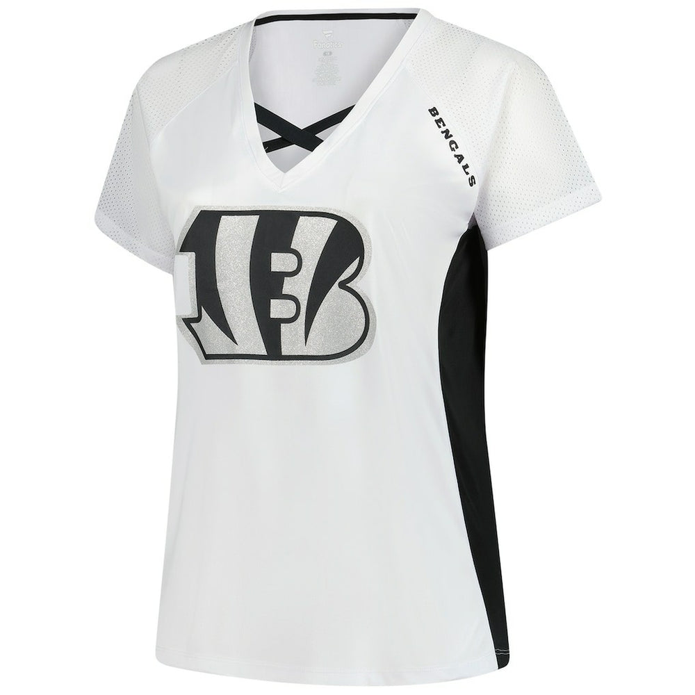 Women's Plus Size Glitter Lace-Up V- Neck T-Shirt - Cincinnati Bengals