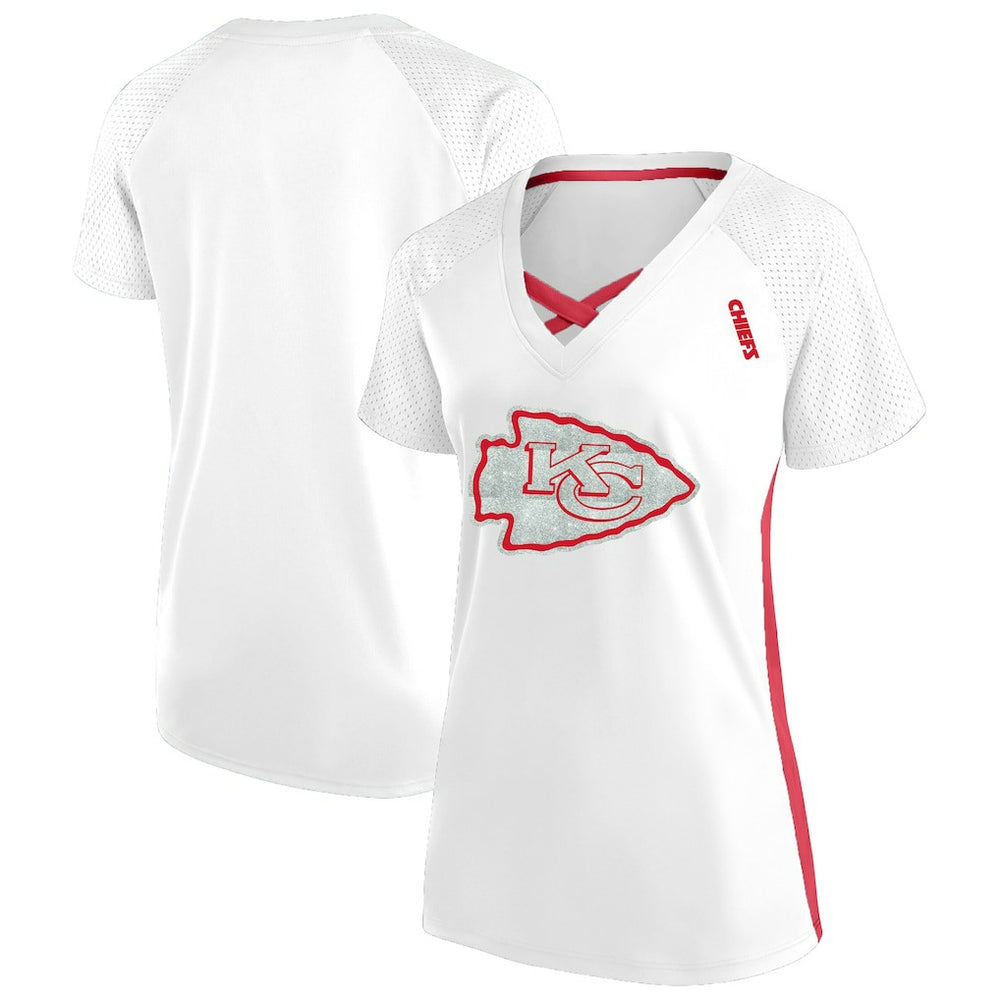 Women's Plus Size Glitter Lace-Up V- Neck T-Shirt - Kansas City Chiefs