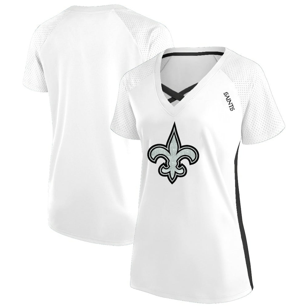 Women's Plus Size Glitter Lace-Up V- Neck T-Shirt - New Orleans Saints