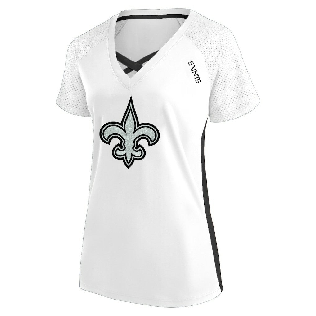 Women's Plus Size Glitter Lace-Up V- Neck T-Shirt - New Orleans Saints