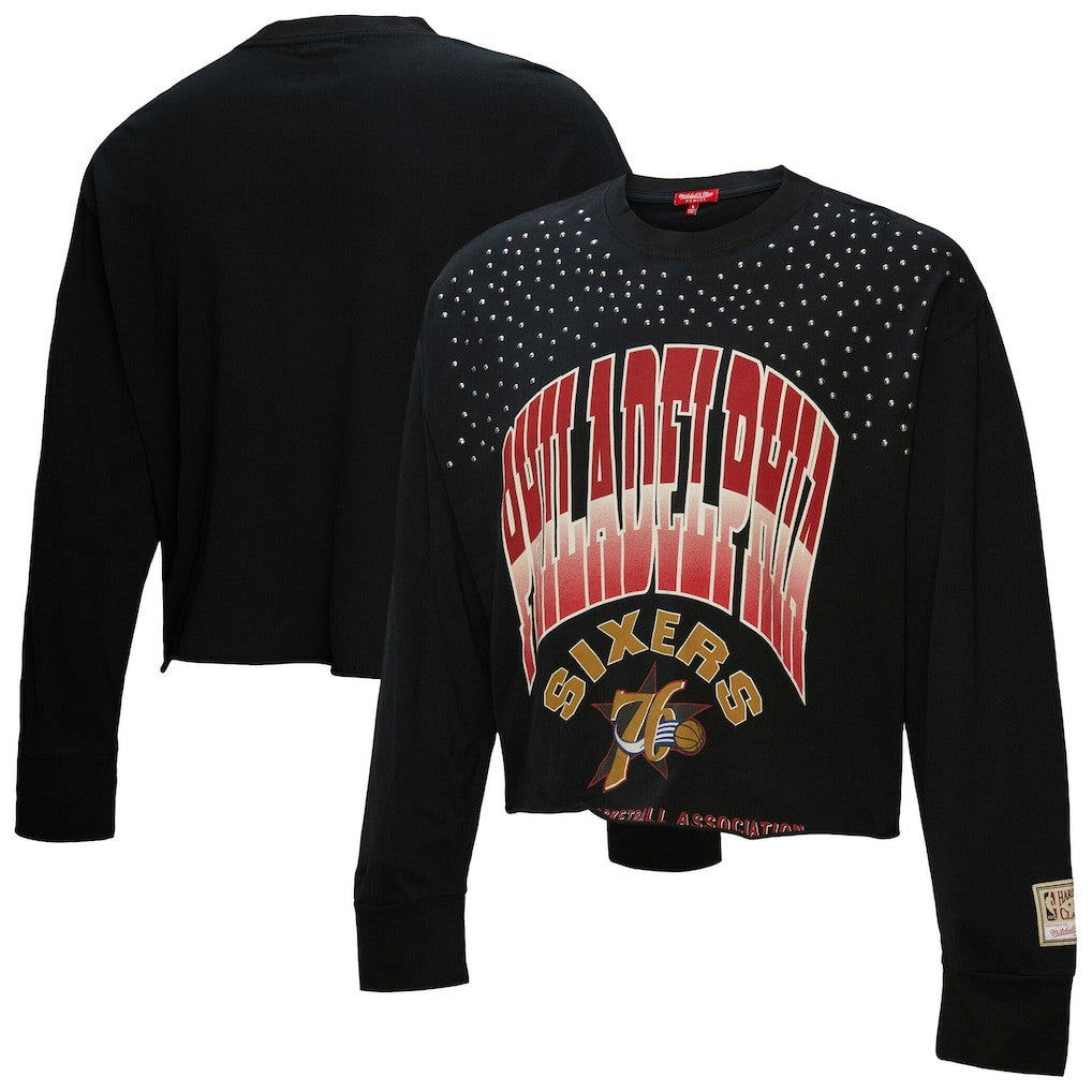 NBA Philadelphia 76ers Women's Hardwood Classics Studded Boxy Cropped Long Sleeve T-Shirt