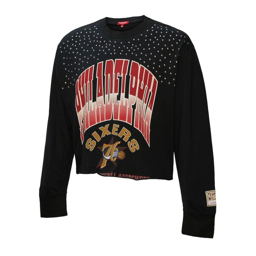 NBA Philadelphia 76ers Women's Hardwood Classics Studded Boxy Cropped Long Sleeve T-Shirt