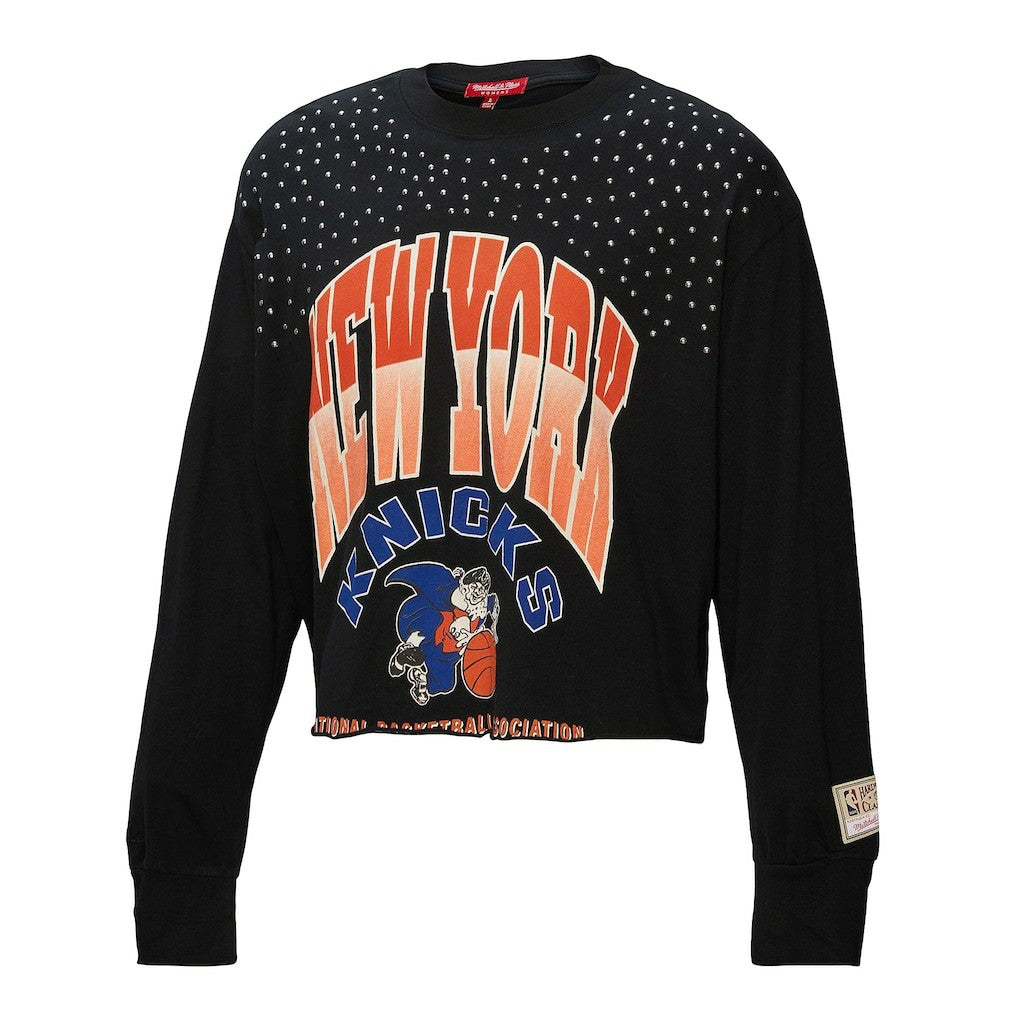 NBA New York Knicks Women's Hardwood Classics Studded Boxy Cropped Long Sleeve T-Shirt