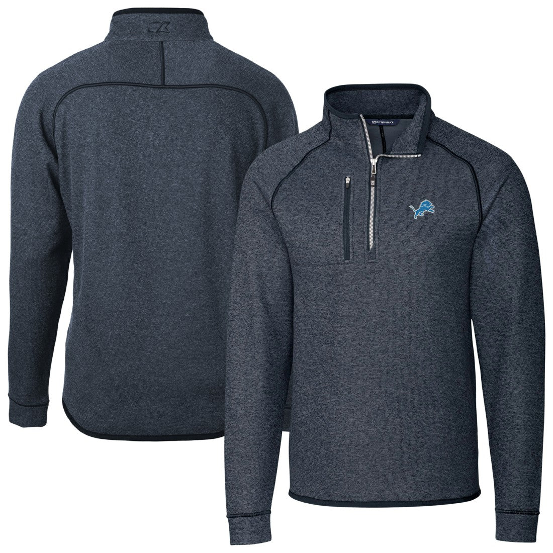 Cutter & Buck Big & Tall Mainsail Sweater-Knit Raglan Half-Zip Jacket - Detroit Lions