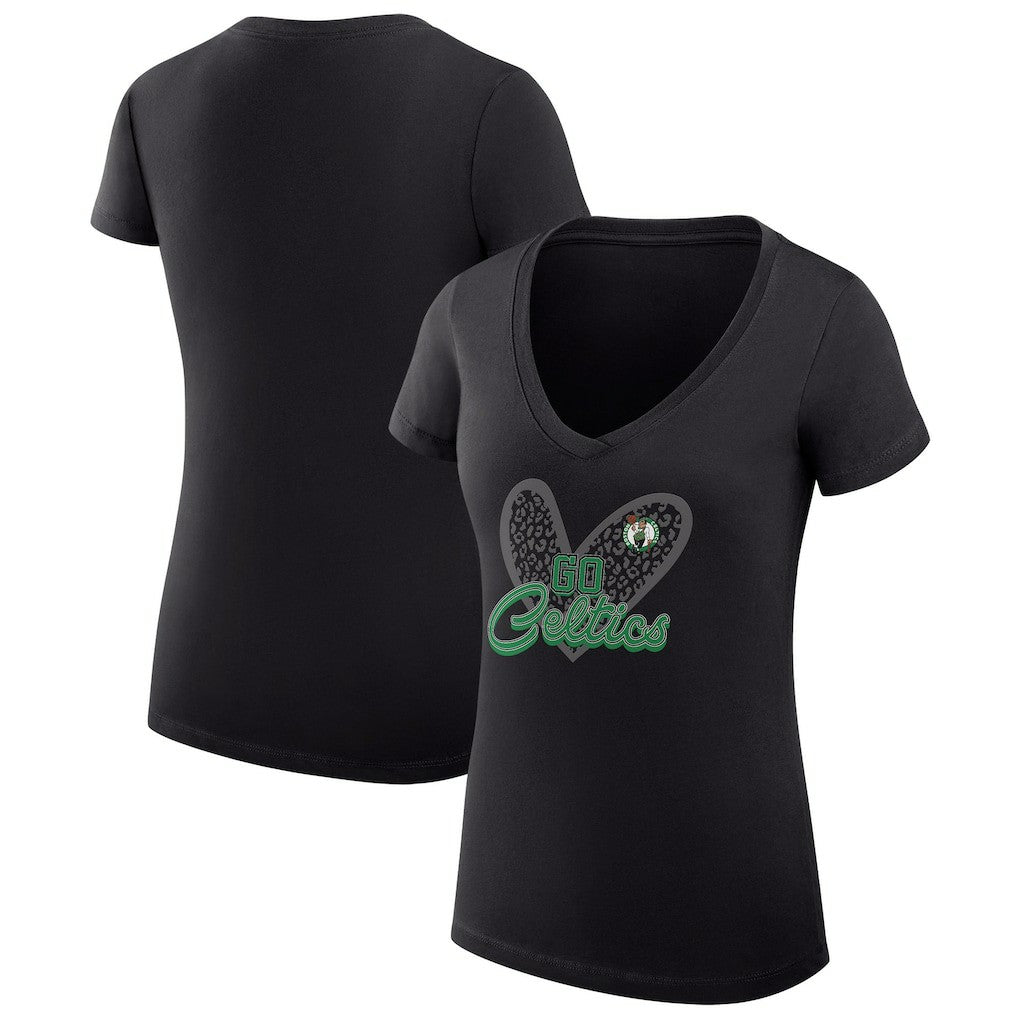 NBA Boston Celtics G-III 4Her by Carl Banks Women's Super-Slim Fit Lightweight Leopard Heart V-Neck T-Shirt