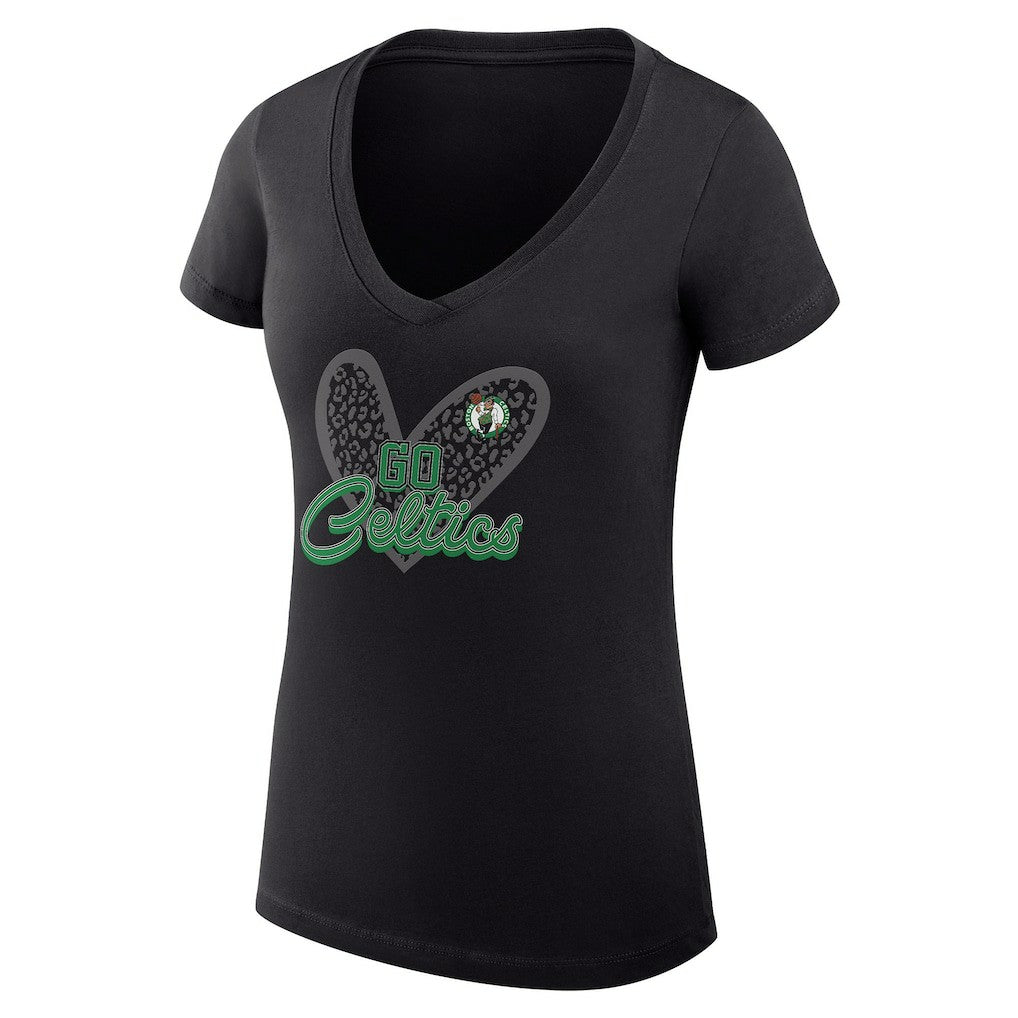 NBA Boston Celtics G-III 4Her by Carl Banks Women's Super-Slim Fit Lightweight Leopard Heart V-Neck T-Shirt