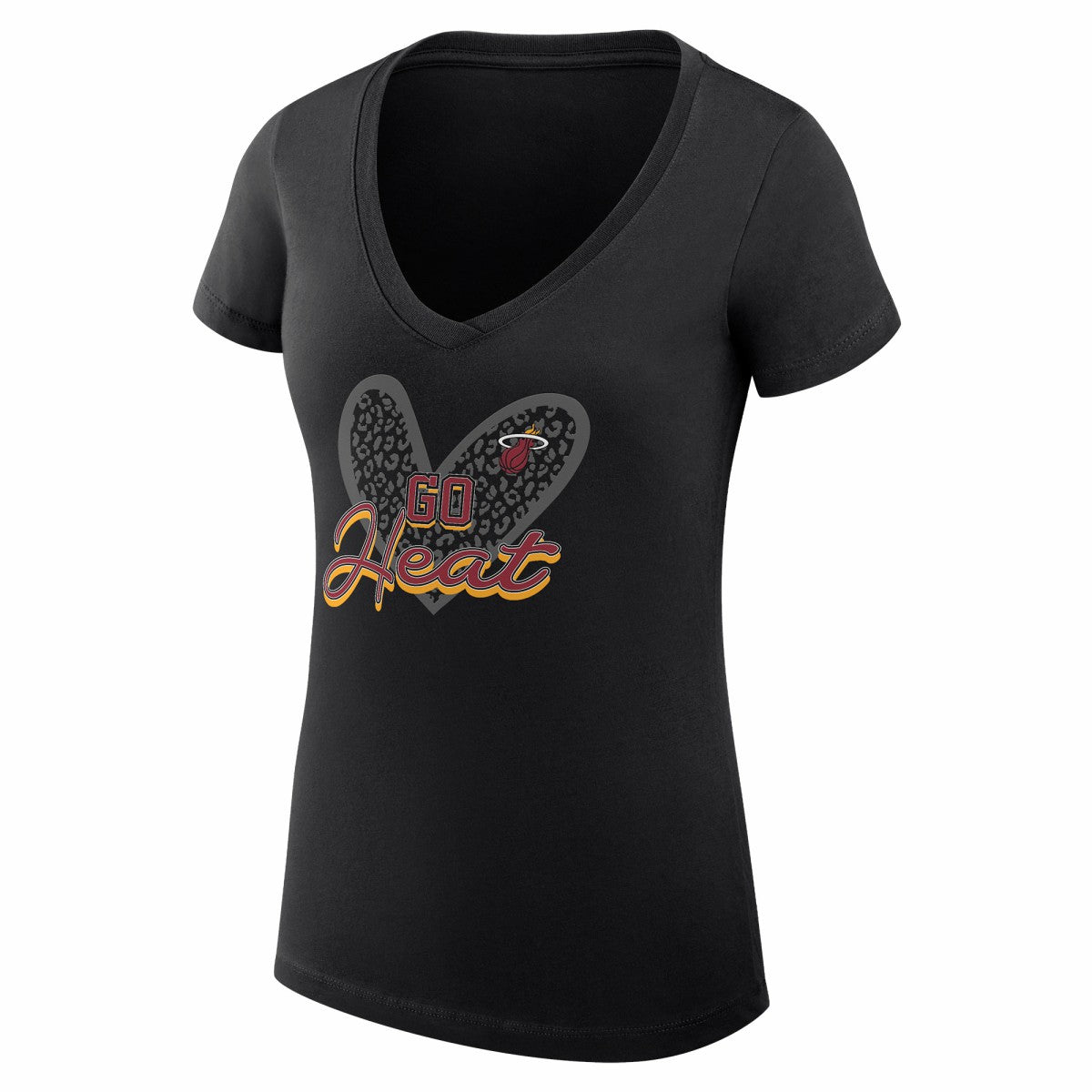 NBA Miami Heat G-III 4Her by Carl Banks Women's Super-Slim Fit Lightweight Leopard Heart V-Neck T-Shirt