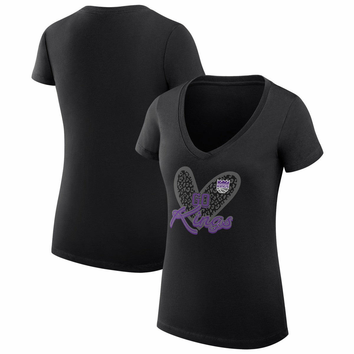 NBA Sacramento Kings G-III 4Her by Carl Banks Women's Super-Slim Fit Lightweight Leopard Heart V-Neck T-Shirt