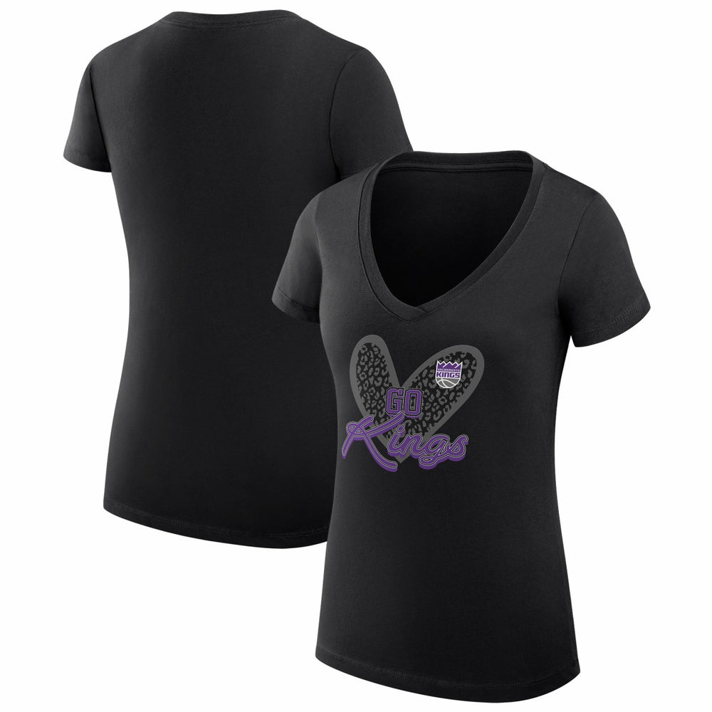 NBA Sacramento Kings G-III 4Her by Carl Banks Women's Super-Slim Fit Lightweight Leopard Heart V-Neck T-Shirt