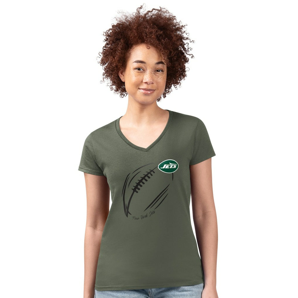 G-III 4Her by Carl Banks Women's Super-Slim Fit Lightweight Subtle Football V-Neck T-Shirt - New York Jets