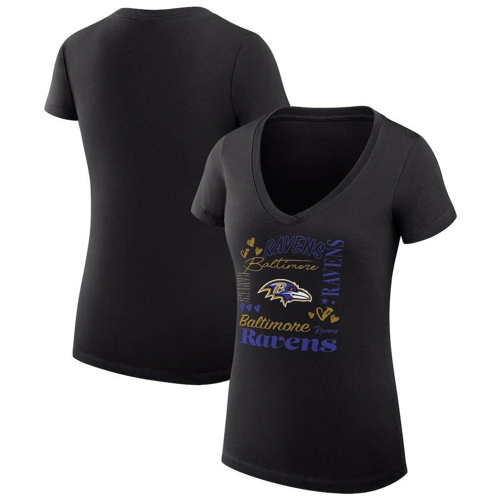 G-III 4Her by Carl Banks Women's Super-Slim Fit Lightweight Collage Team V-Neck T-Shirt - Baltimore Ravens