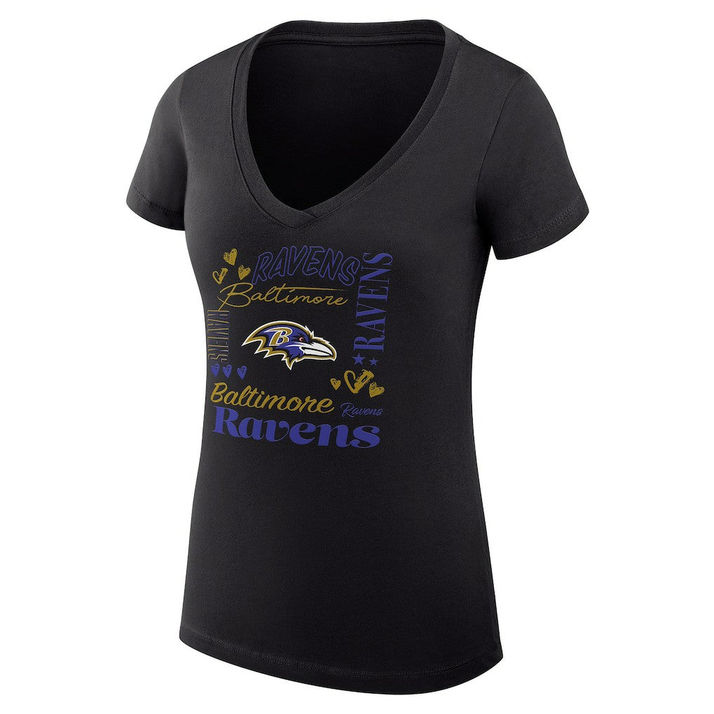 G-III 4Her by Carl Banks Women's Super-Slim Fit Lightweight Collage Team V-Neck T-Shirt - Baltimore Ravens