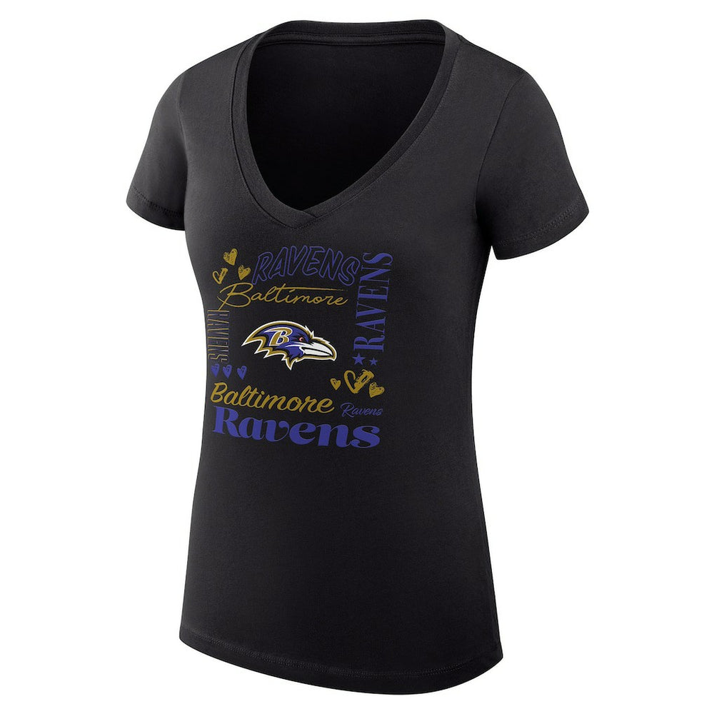G-III 4Her by Carl Banks Women's Super-Slim Fit Lightweight Collage Team V-Neck T-Shirt - Baltimore Ravens