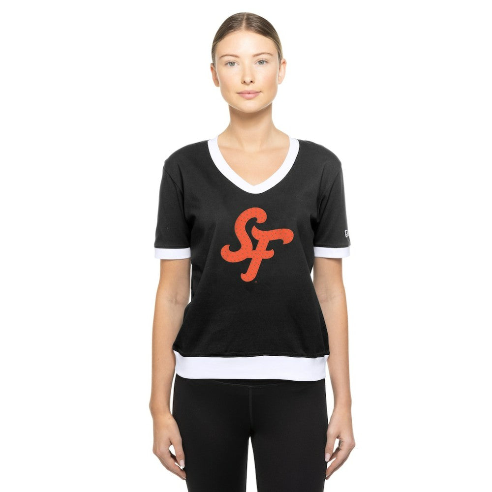 MLB San Francisco Giants New Era Women's 2025 City Connect Rhinestone V-Neck T-Shirt