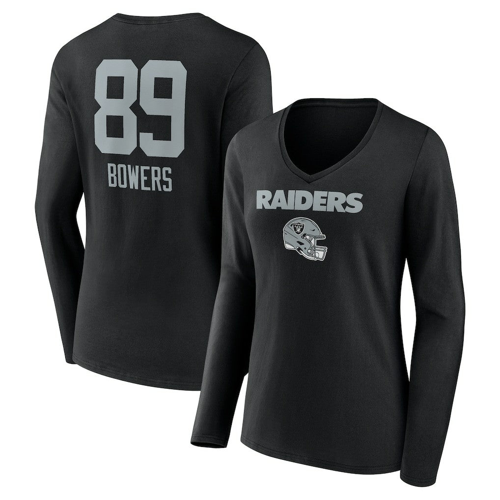 Brock Bowers  Women's Name & Number Team Wordmark Long Sleeve V-Neck T-Shirt - Las Vegas Raiders