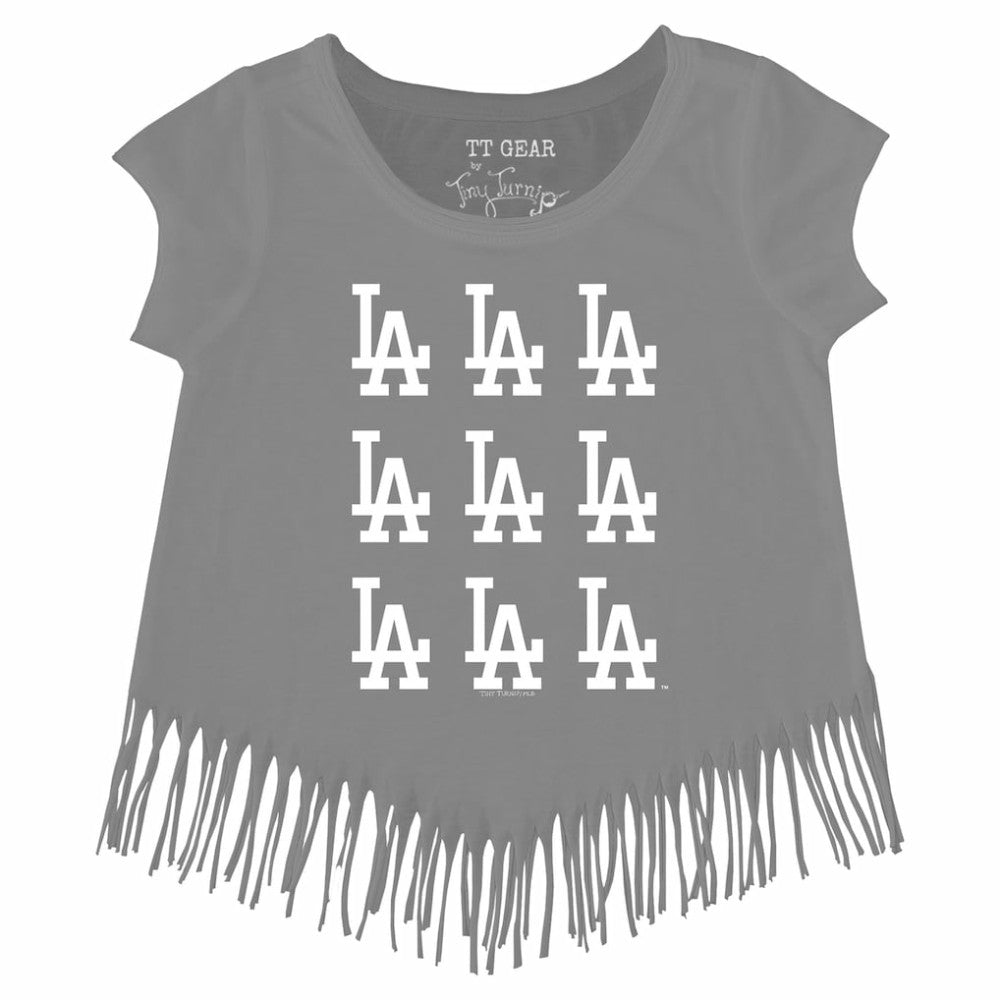 MLB Los Angeles Dodgers Tiny Turnip Girls Youth Logo Grid Fringe T-Shirt