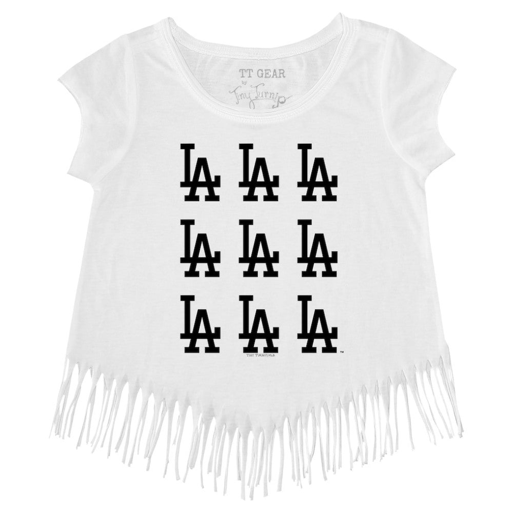 MLB Los Angeles Dodgers Tiny Turnip Girls Youth Logo Grid Fringe T-Shirt