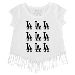 MLB Los Angeles Dodgers Tiny Turnip Girls Youth Logo Grid Fringe T-Shirt