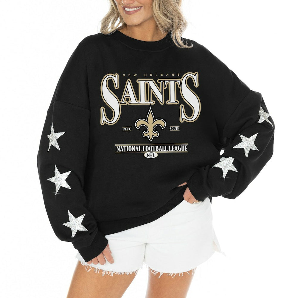 Gameday Couture Women's Rhinestone Star Sleeve Settle the Score Oversized Tri-Blend Pullover - New Orleans Saints