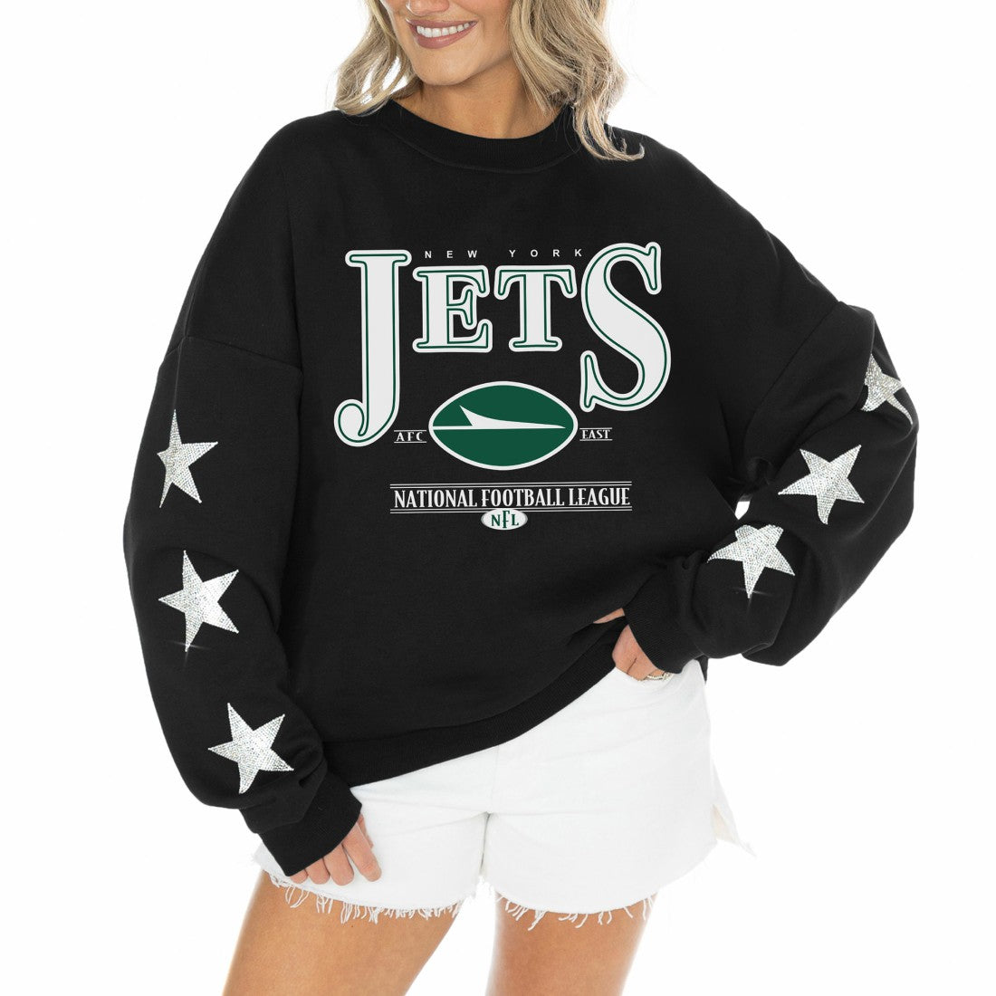 Gameday Couture Women's Rhinestone Star Sleeve Settle the Score Oversized Tri-Blend Pullover - New York Jets