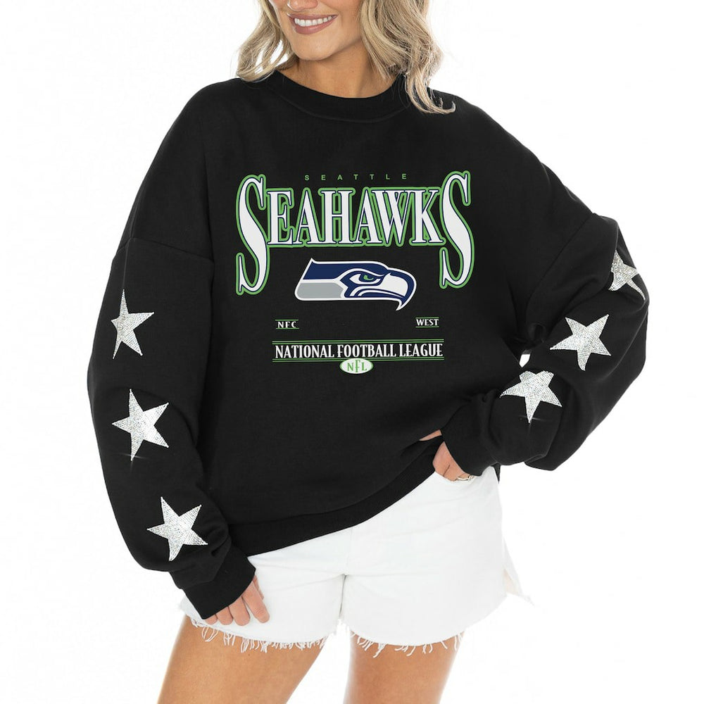 Gameday Couture Women's Rhinestone Star Sleeve Settle the Score Oversized Tri-Blend Pullover - Seattle Seahawks