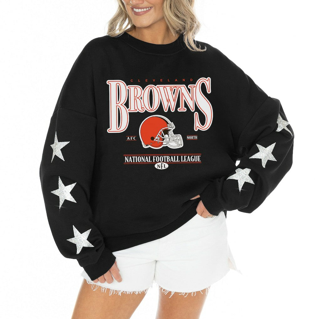 Gameday Couture Women's Rhinestone Star Sleeve Settle the Score Oversized Tri-Blend Pullover - Cleveland Browns