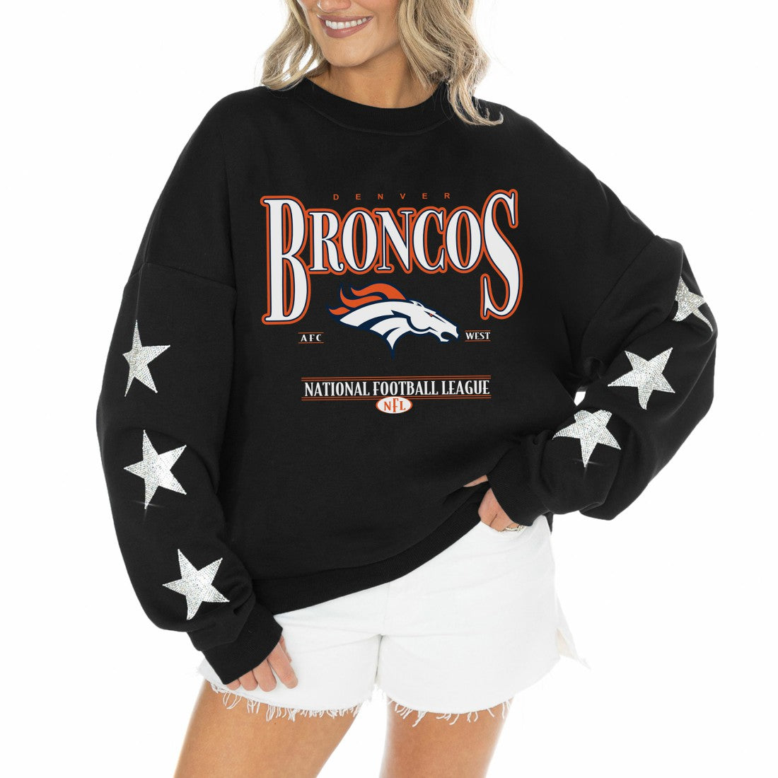 Gameday Couture Women's Rhinestone Star Sleeve Settle the Score Oversized Tri-Blend Pullover - Denver Broncos