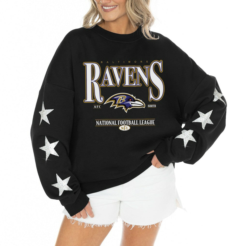 Gameday Couture Women's Rhinestone Star Sleeve Settle the Score Oversized Tri-Blend Pullover - Baltimore Ravens