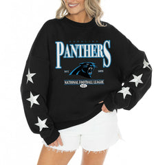 Gameday Couture Women's Rhinestone Star Sleeve Settle the Score Oversized Tri-Blend Pullover - Carolina Panthers